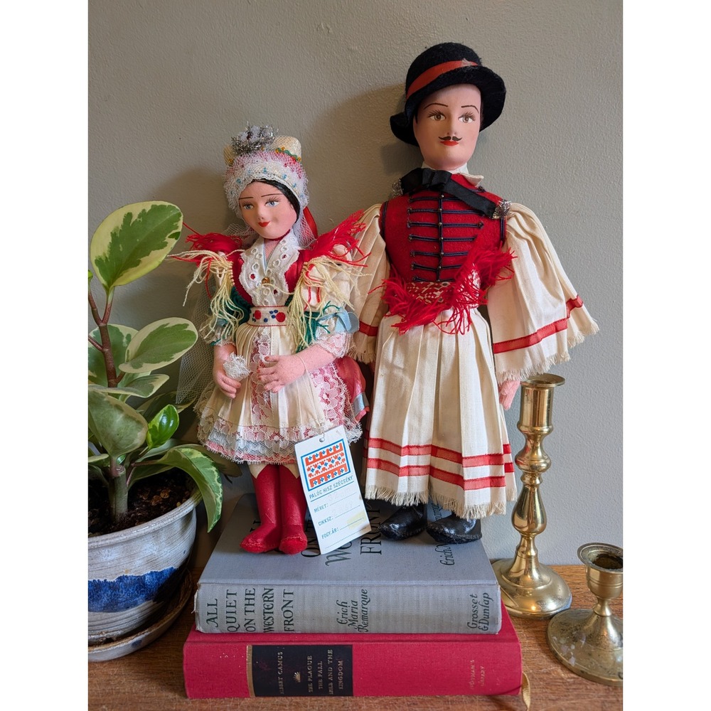 Vintage 1970s Hungarian Folk Art Dolls Pair Paloc Szecseny Cloth Ethnic Costume